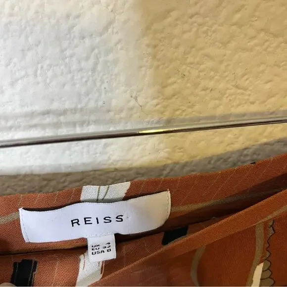 REISS Abigail Tie-Waist Rust Brown Abstract Print A-Line Skirt Tan Womens Size 0 - Picture 11 of 11